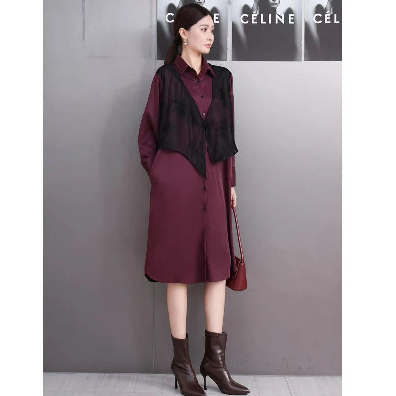 2025 Herfst Elegante Vrouwen Losse Casual Retro Patchwork Shirts Lange Jurken Vrouwelijke Lange Mouw Jurk Groothandel J2062