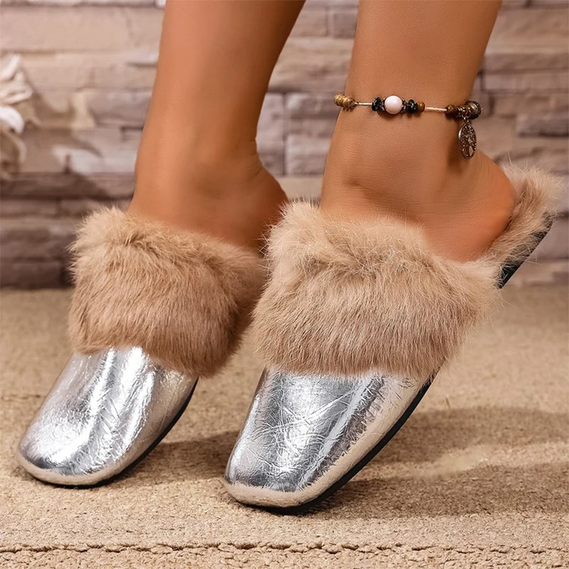 الفضة لامعة بولي Leather الجلود نِعال من الفراء النساء موضة كعب مسطح رقيق نعال من القطن امرأة ارتداء مقاومة عدم الانزلاق أحذية دافئة #3