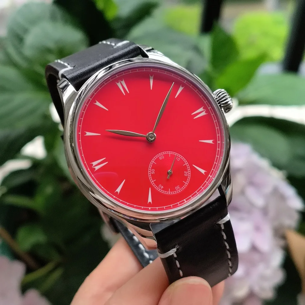 no logo 44mm Mechanical Hand Wind watch Red dial AR coated Mineral glass Seagull movement ST3621