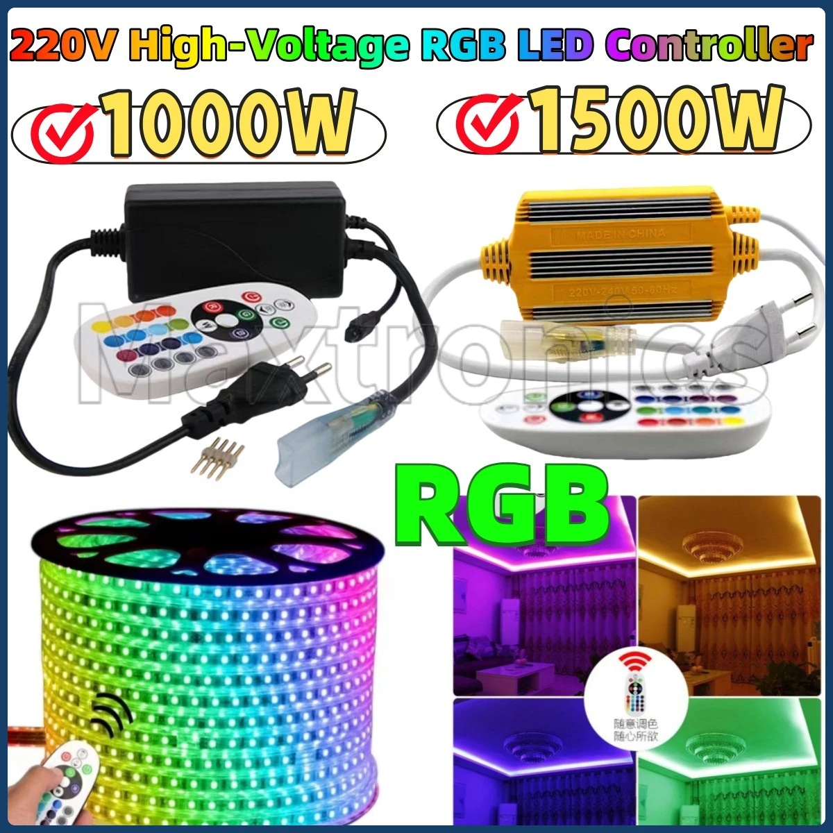 

NEW 220V High-Voltage RGB LED Strip Lights Dimmer Controller 1000W / 1500W 24Key IR Wireless Remote for 4PIN LED Strip Tape Lamp