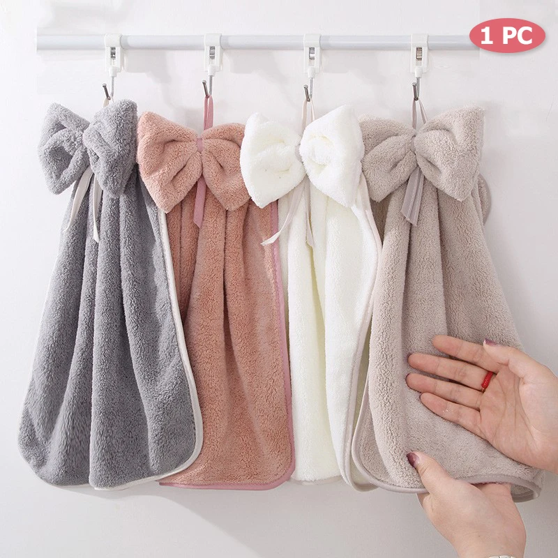 1 Pack Hanging Coral Fleece Hand Towel, Thickened Bowknot, Super Absorbent Quick Dry for Kitchen & Bathroom