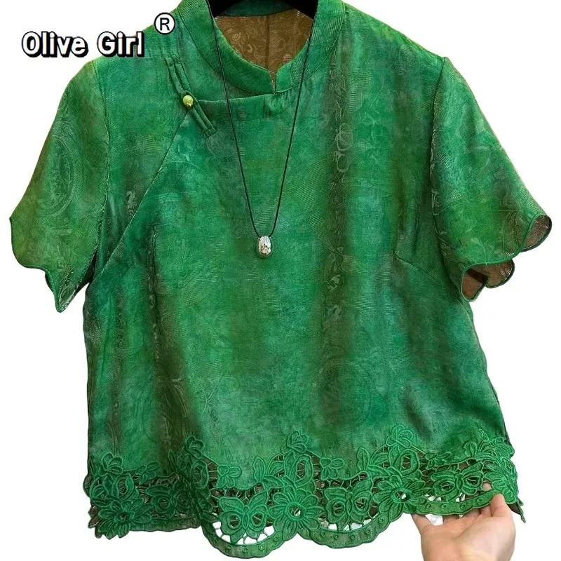 Olivegirl 2026 Luxury Shirt Short Sleeve Green Blouse Flower Lace cut-out pattern Women's Blouse Top Clothing Traditional