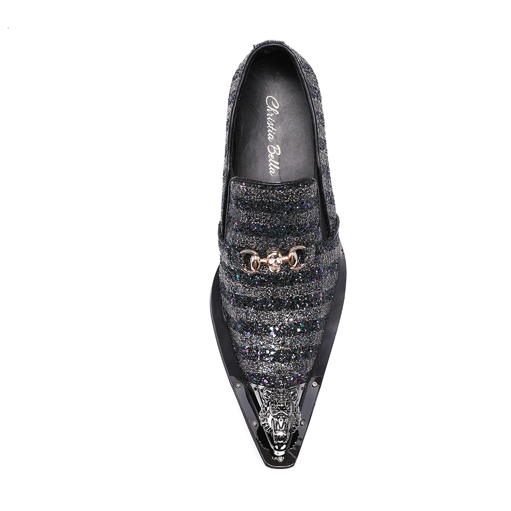 Christia Bella Shiny Sequins Stripe Men Party Oxford Shoes Metal Pointed Toe Men Wedding Dress Shoes Genuine Leather Men Shoes
