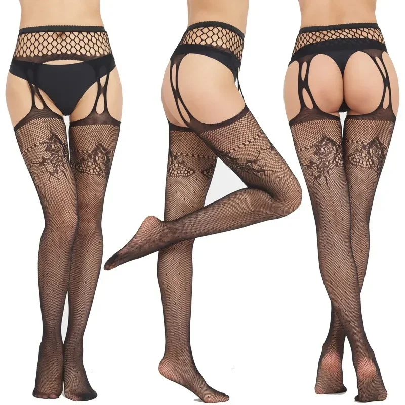 Black Mesh Stockings Sexy Underwear Jacquard Fishnet Pantyhose Transparent Tights Japanese JK Socks Women's Thigh High Stockings