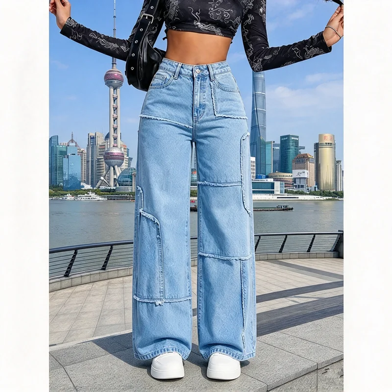 Trend Women Washed Denim Cargo Jeans, High Waist Frayed Stitching Wide Leg Floor Sweeping Pants, Loose Patchwork Casual Trousers