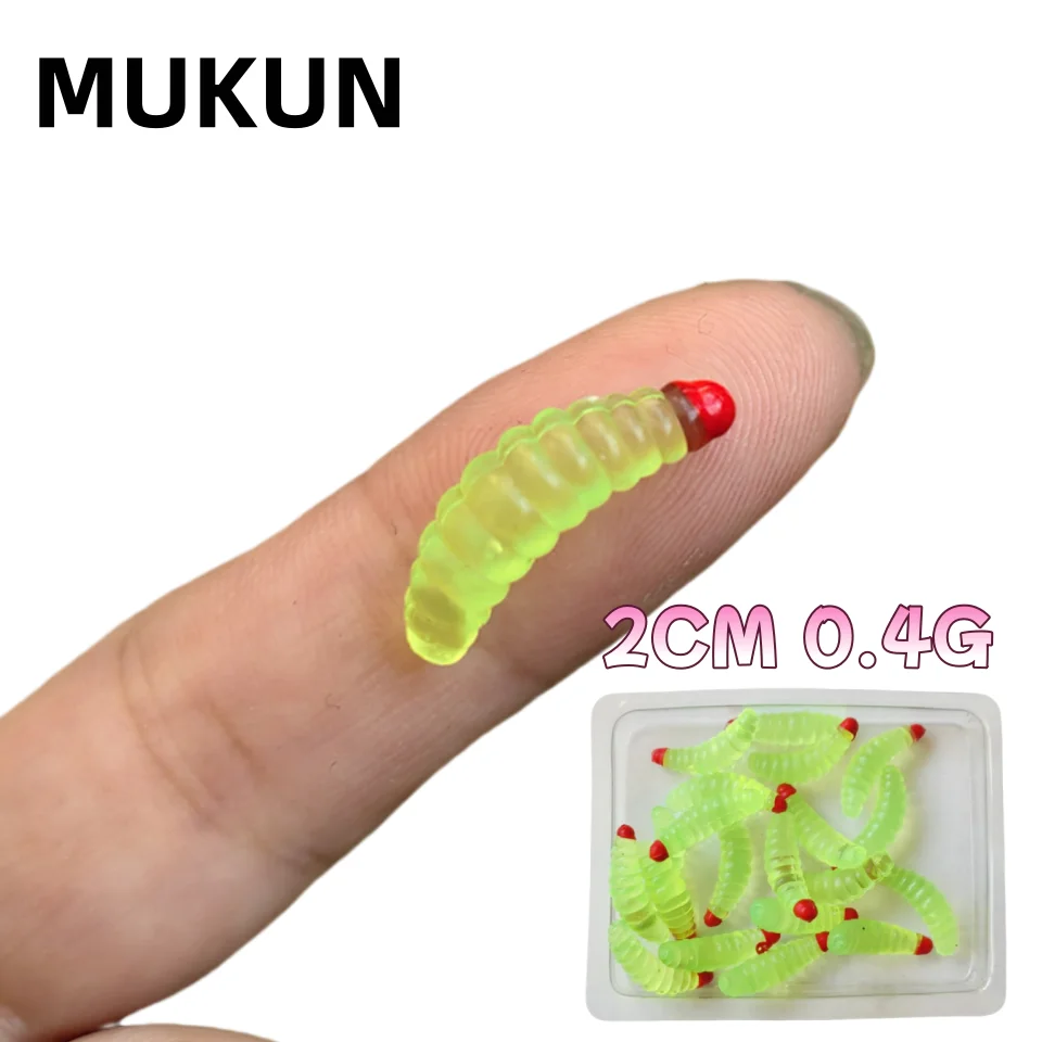 MUKUN 20PCS 2CM 0.4G Fishing Lure Maggot Grub Yellow Lifelike Fishing Lure Bionic Bread Bug Soft Fishing Lure Worms Glow