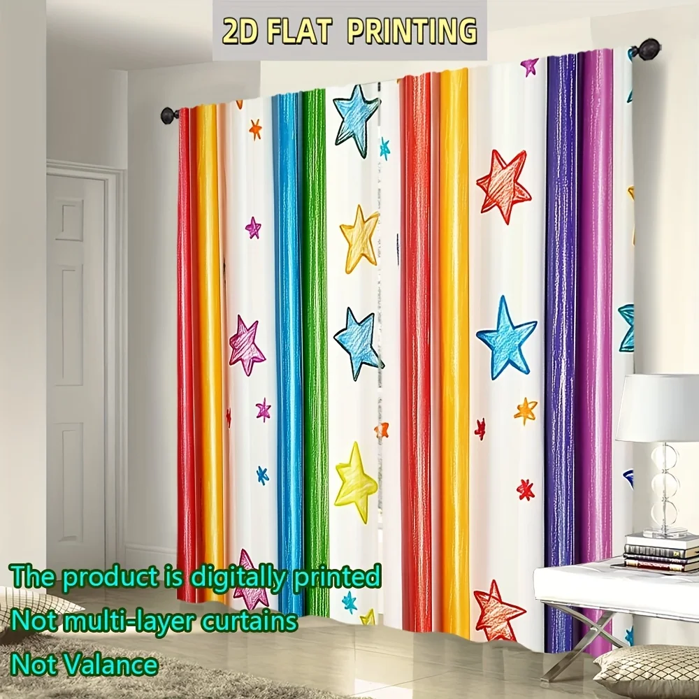 2pcs Rainbow Star Curtains Colorful Kids Hand Drawn Window Drapes Nursery Playroom Decor Bright Digital Print Panel