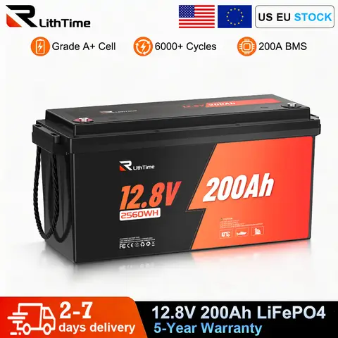 RVLithTime 12V 200Ah LiFePO4 Deep Cycle Battery 2560Wh with 200A BMS Low Temperature Cut-off 6000+ Cycles IP65 Waterproof Lithium Battery for RV Marine Travel Trailer & Off-Grid