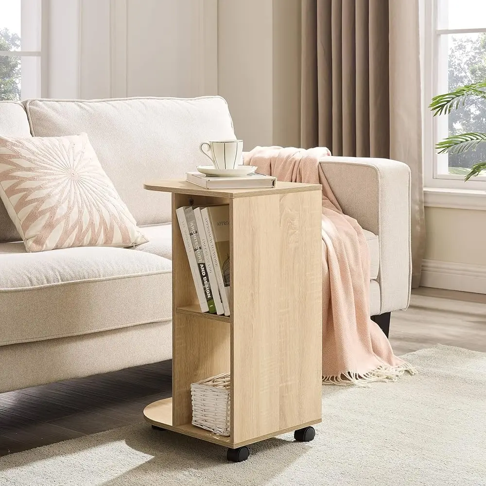 

Side Table With Rolling Wheels, Portable End Table For Sofa Or Bed, Small Spaces Furniture With Storage Shelf, Modern Design,