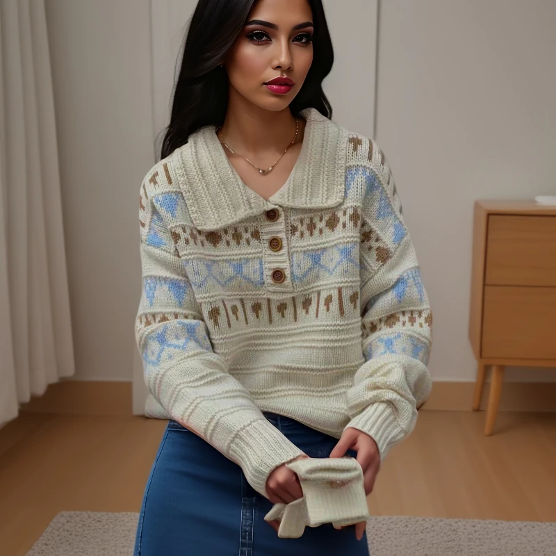 

Новая модная осенне-зимняя женская одежда с воротником-поло, женский свитер с длинными рукавами, повседневный элегантный жаккардовый топ, трикотаж