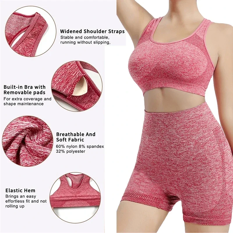 Ensemble de yoga sans couture pour femmes, shorts de gym, soutiens-gorge de sport, brassière d'entraînement, vêtements de yoga, leggings de fitness