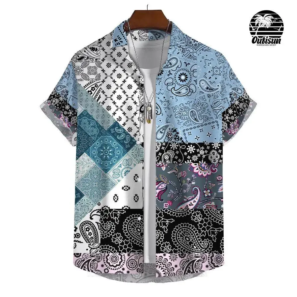 Camisa dos homens de manga curta impressa 3D, Oversized Top, Patchwork Pattern, Casual Wear Diário, Retro, Tamanho S-5XL