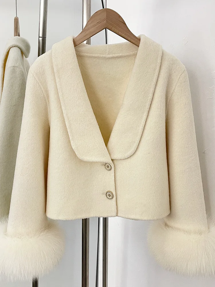 ZMEENNA 여성용 우아한 짧은 울 혼합 재킷 코트 고급스러운 모피 트림 커프스 따뜻한 겨울 아웃웨어 퍼플 ZM4559