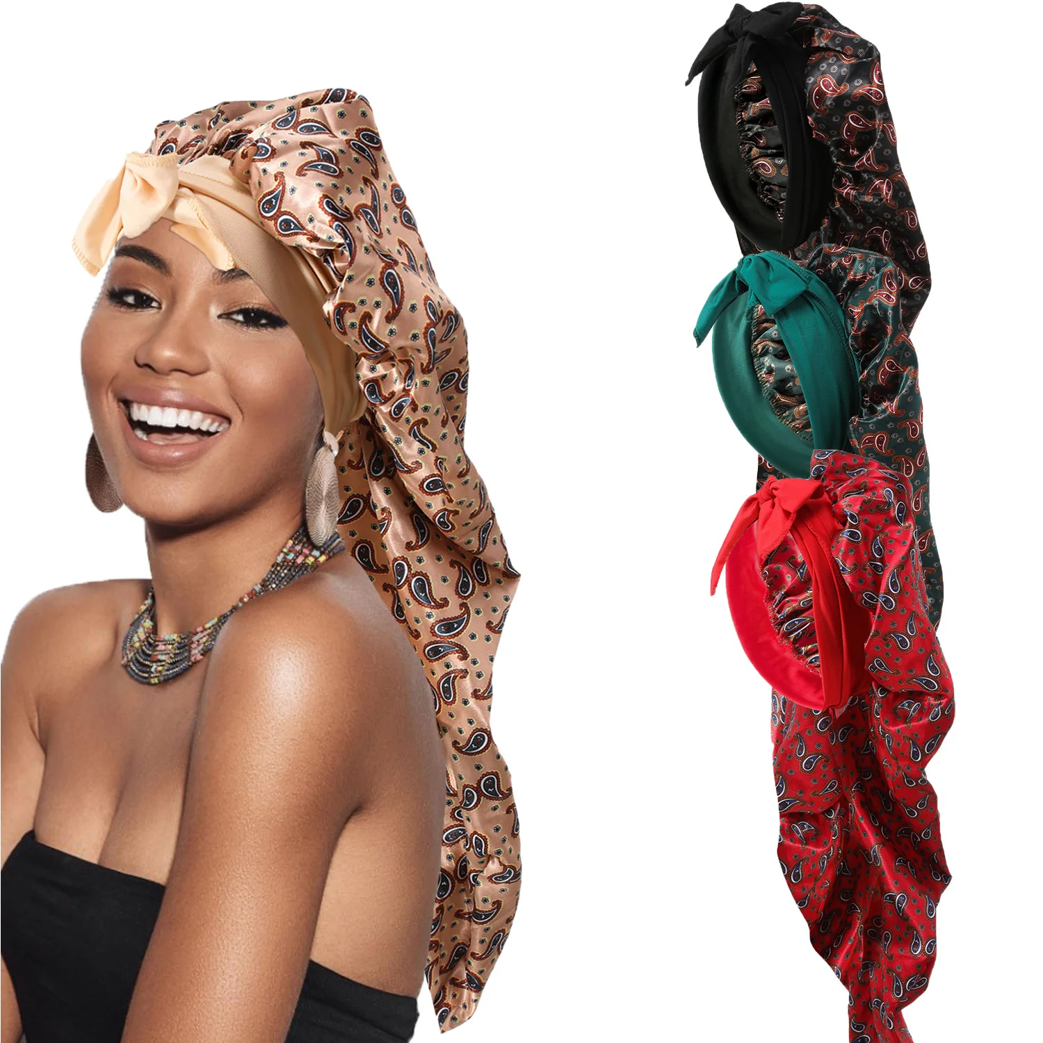 2 Pcs Combination Pack Silky Bonnet For Sleeping Long Satin Hair Bonnet With Tie Band Hair Cover Night Shower Cap