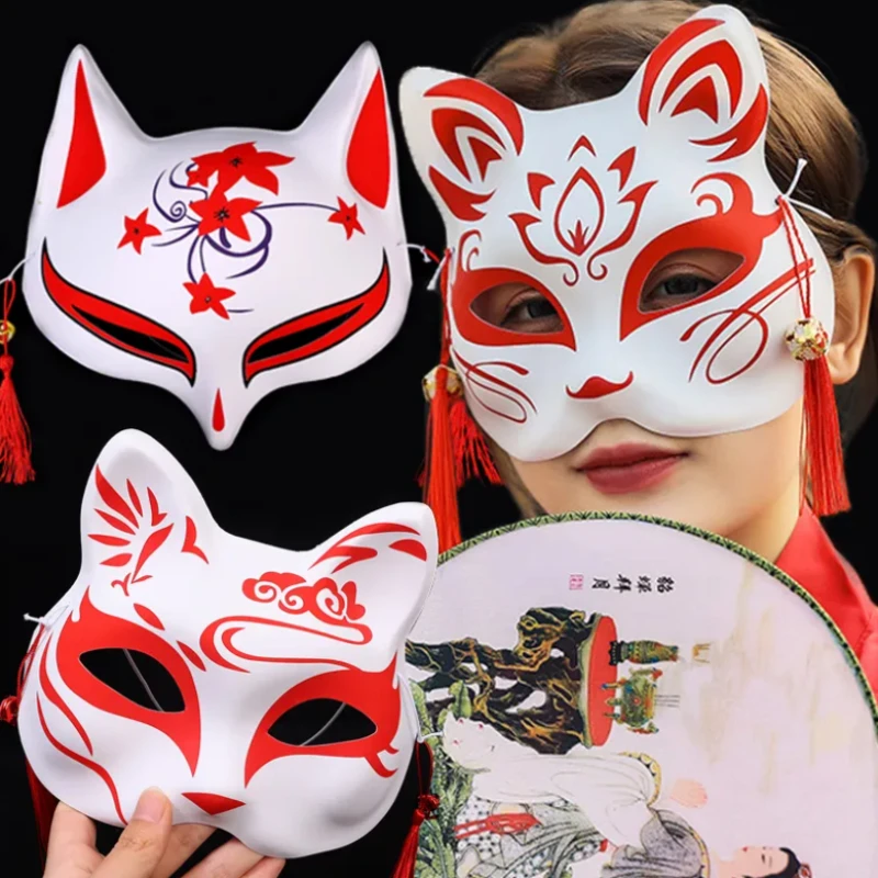 Anime Foxes Mask Hand-Painted Japanese Cat Fox Half Face Mask Masques Halloween Party Costumes Cosplay Props Holiday Accessories