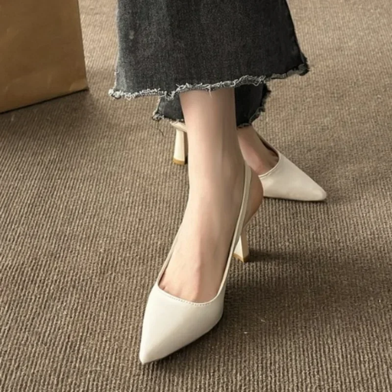 Sandals High Heels Women\'s Thick Heels 2024 Hot Selling Versatile Solid Color Spring Single Shoes Pointed Toe Work High Heels