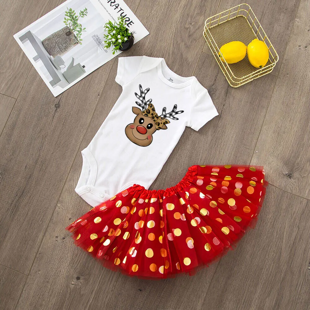 Deer Print Christmas Baby Romper & Tutu Set Christmas Girls Outfit Infant Baptism Short Sleeve Bodysuit Dress Xmas Outfits Skirt