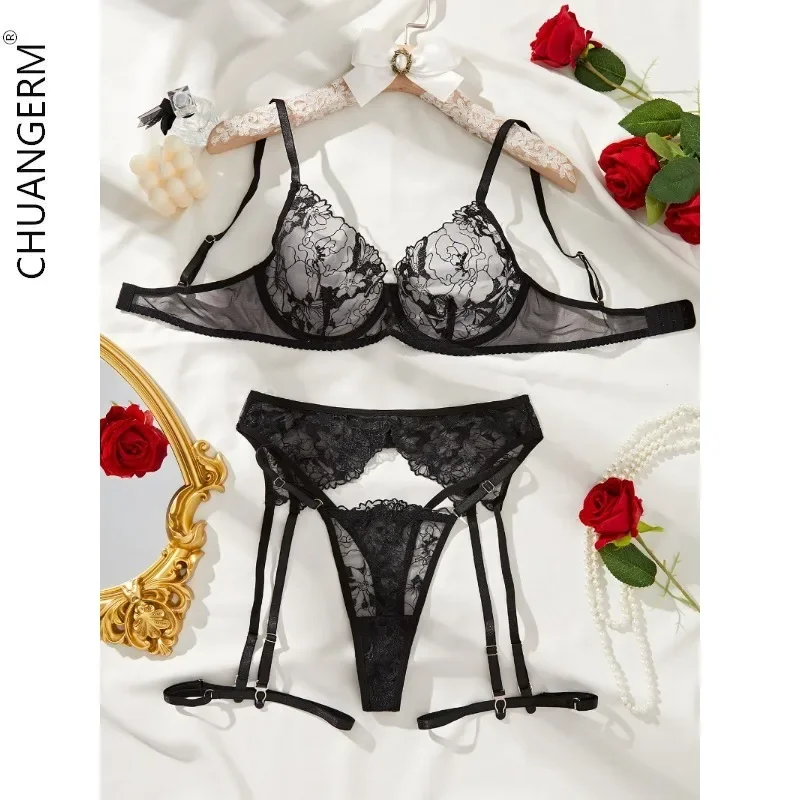 

CHUANGERM Women Sexy Women's Underwear Set Female Sexy Erotic Lingerie Bra Garters Embroidery Mesh See Through Lingerie Sets