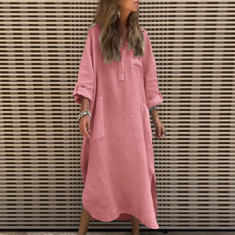 Robe longue en coton mélangé pour femmes, simple, décontractée, couleur unie, boutons, col montant, fente latérale, manches longues, printemps, automne