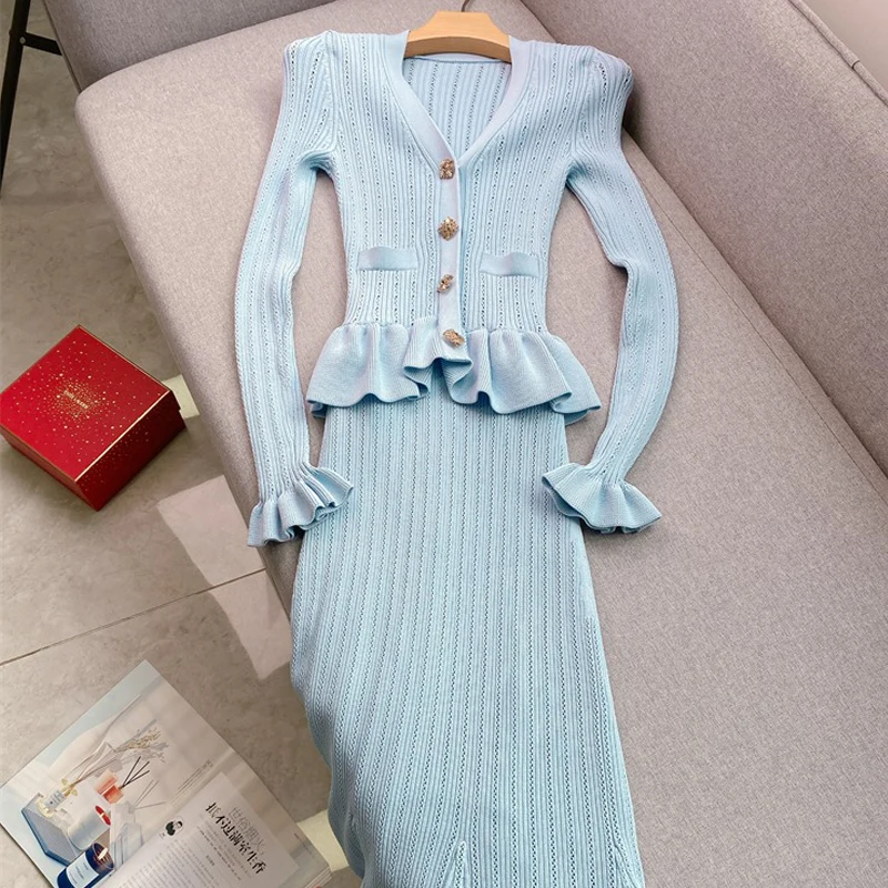 YuooMuoo marka moda jednoczęściowa dzianinowa sukienka Maxi kobiety elegancki dekolt w serek potargane wąska talia obcisła sukienka sweterkowa Party Vestido