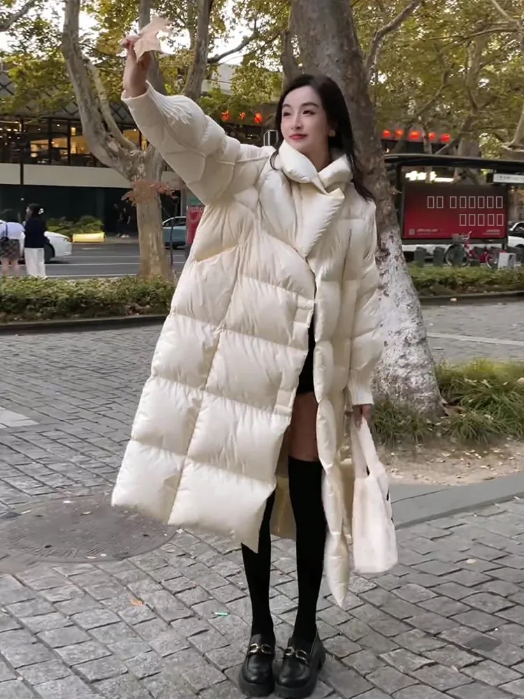 

Свободная утепленная белая пуховая куртка-пуховик для женщин, зимнее пальто в корейском стиле с большим воротником, для повседневной носки, удлиненная модель