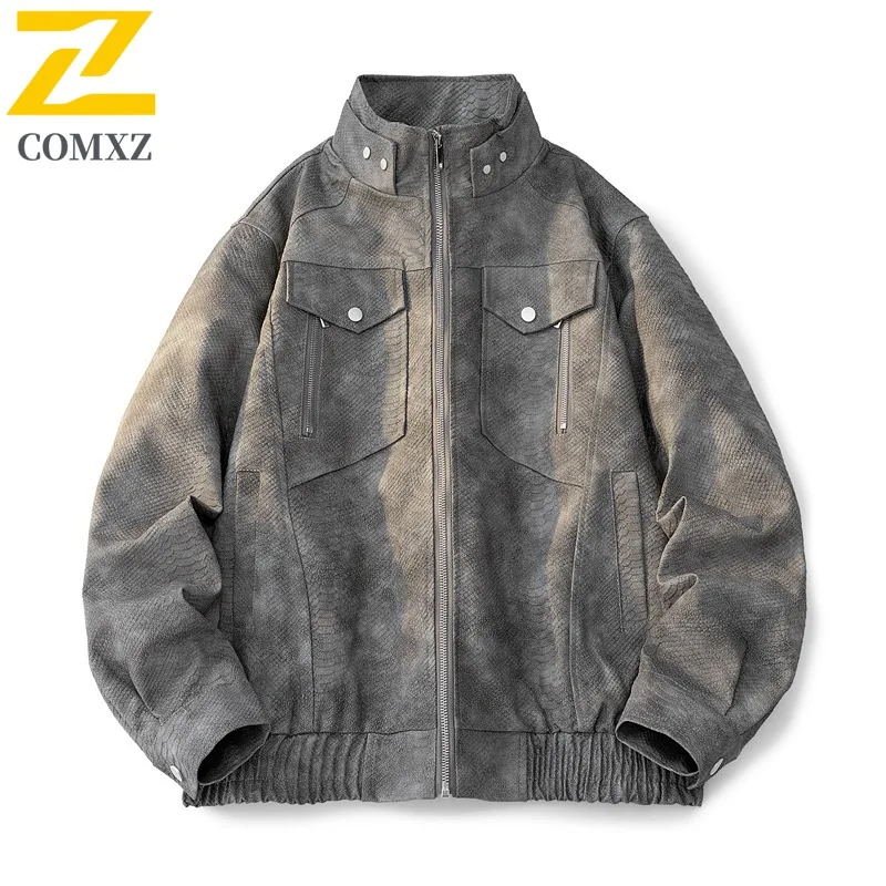 

COMXZ Mens Leather Jacket Premium Stand Collar American Style Motorcycle Coats Luxury Travel Lightweight Autumn Windbreaker