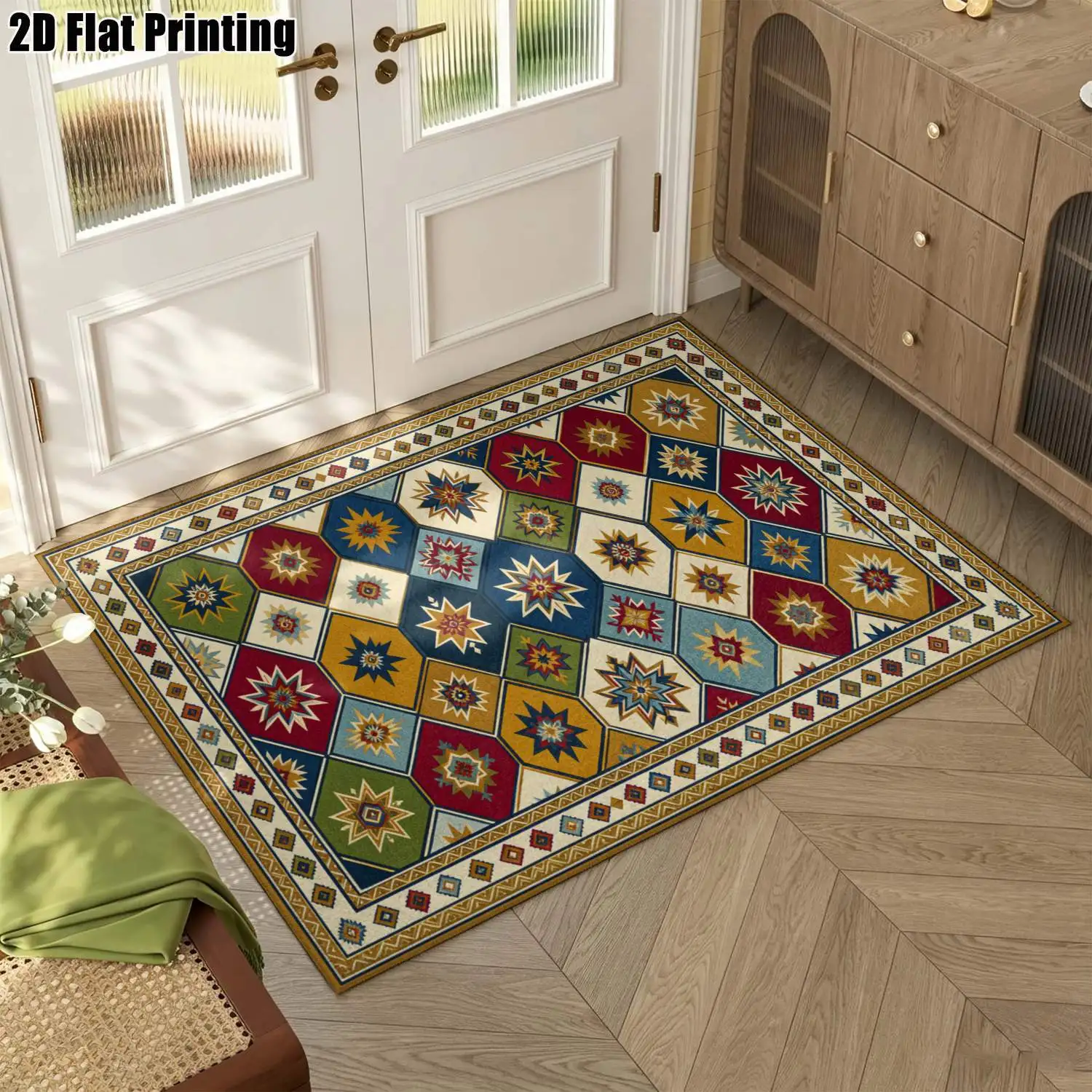 1Pc 2D Printed Carpet: Red, Blue, Yellow Geometric Starburst Patterns Vintage, Bohemian, European-Style, Geometric Striped Home Decor Rug, Multiple Sizes, Machine Washable. Perfect for Entryways, Dining Rooms, Foyers, Bedrooms, and Living Rooms.