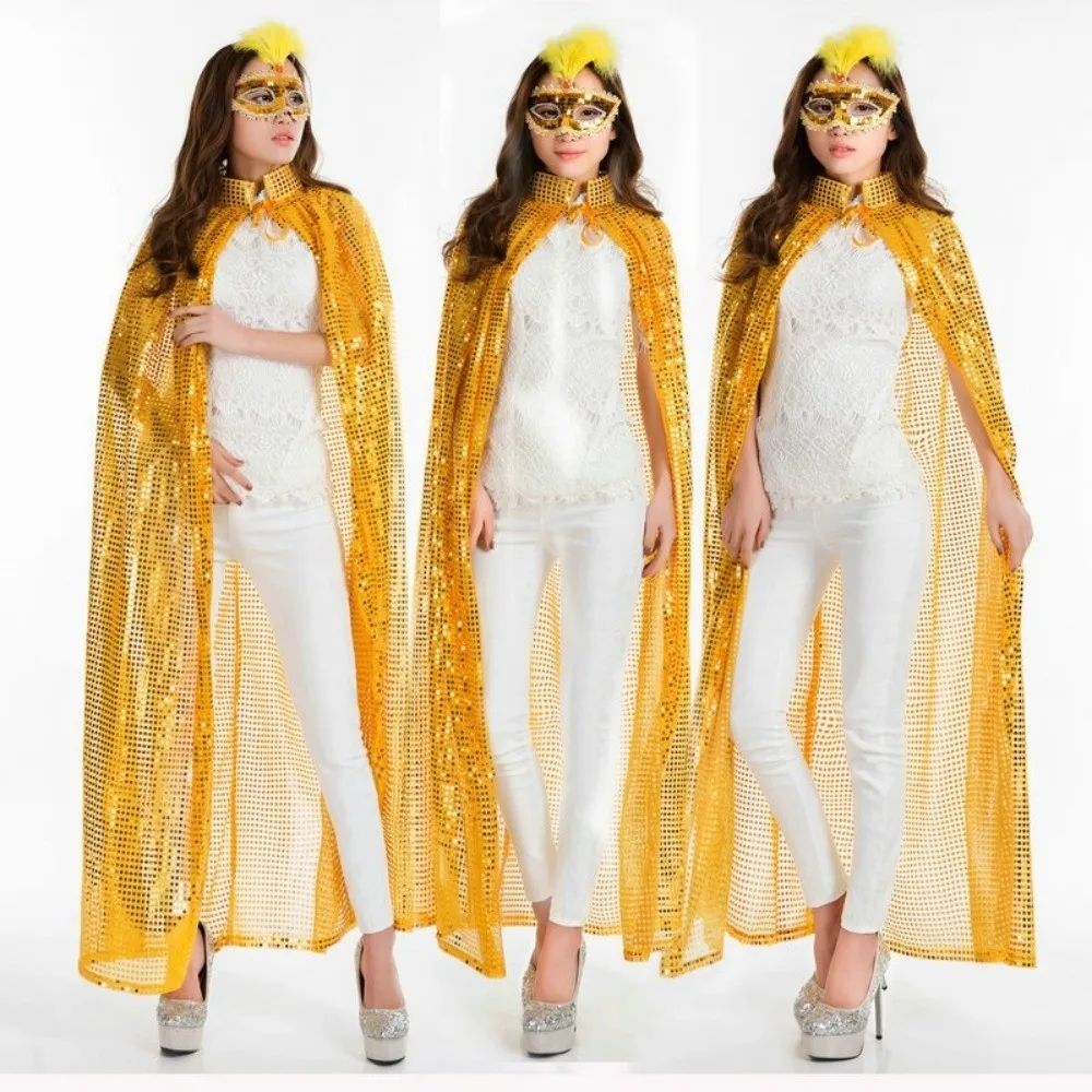 Soft Long Shiny Sequin Cape Fantasy Stand Collar Halloween Cosplay Robe Vintage Lightweight Shiny Cloak Festival