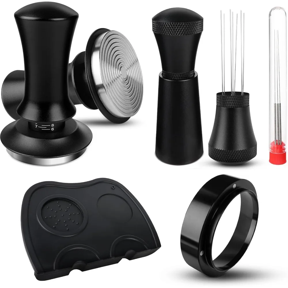 58mm Coffee Tamper Set, Including WDT Tool, 54mm Dosing Ring, Tamper Pad, Stainless Steel Pressure Regulating Tamper Base，Black