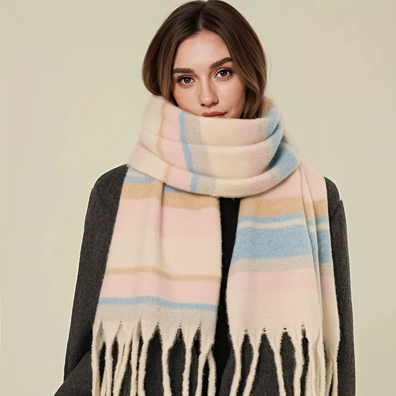 Striped Contrasting Plush Scarf Women'S, Thickened Warm Shawl, Autumn And Winter 2025 Trend Comfortable Winter Scarf