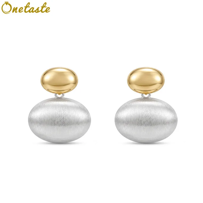 925 Sterling Silver Two Toned Polished Brushed Duo Oval Bean Stud Earrings Women Simple Dainty Trendy Small Earring Party Gift
