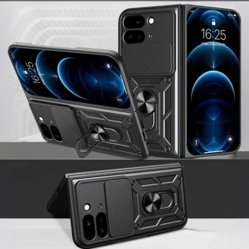 

Full Camera Lens Protection Soft Phone Case For Google Pixel 9 Pro Fold 5G Armor Metal Rotating Ring Silicone Back Cover Cases