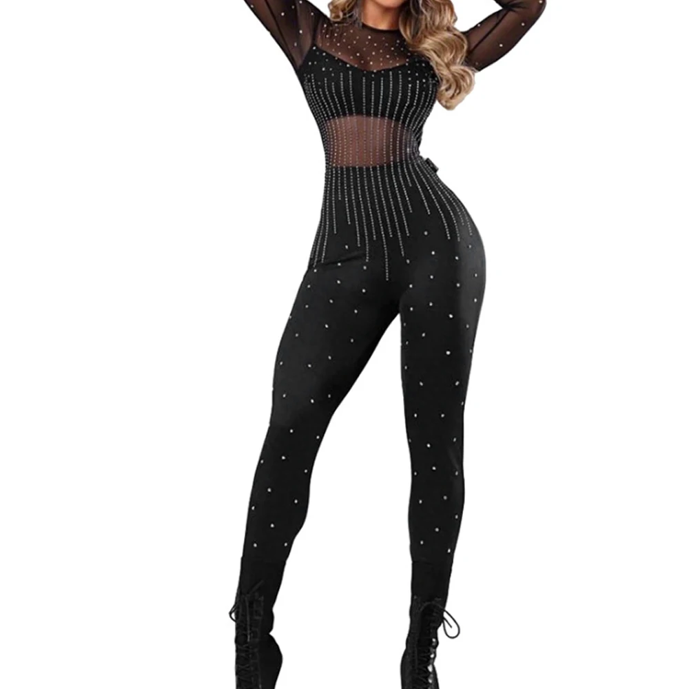 Round Neck Mesh Spliced Rhinestone Long Sleeve Jumpsuit