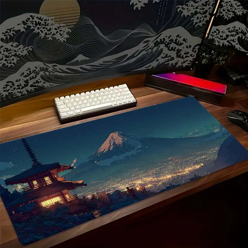 Large Japanese-Themed Mouse Pad & Keyboard Desk Compatible for Mount Fuji Night View Japanese Temple, Diatomite & Base Non-Slip