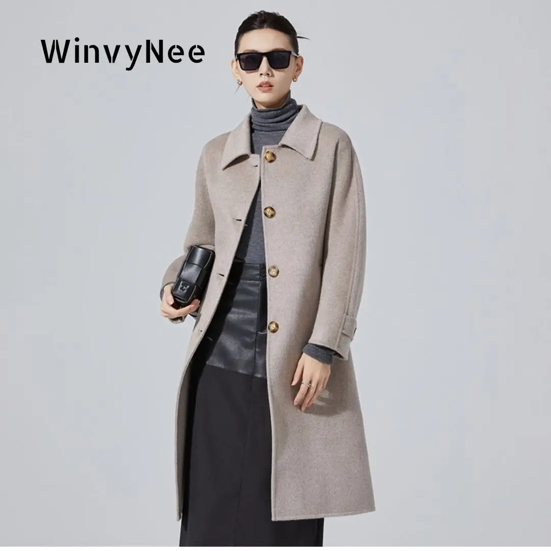 

WinvyNee зимние длинные женские шерстяные пальто односторонние серые шерстяные пальто с поясом модные шерстяные длинные пальто с грудью H1643011