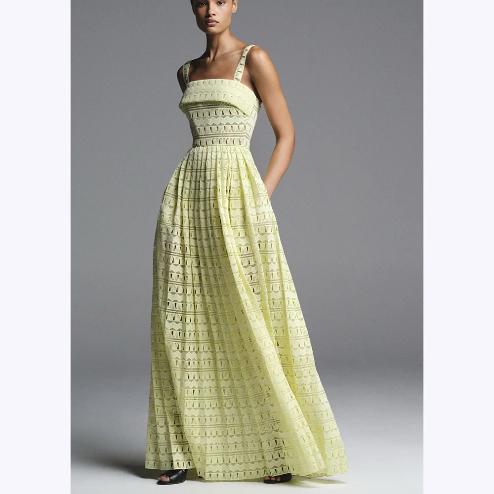 

Light Yellow Evening Dresses Luxury Women Square Collar Spaghetti Straps Cocktail Party A Line Dress Simple Chic Event Prom Gown