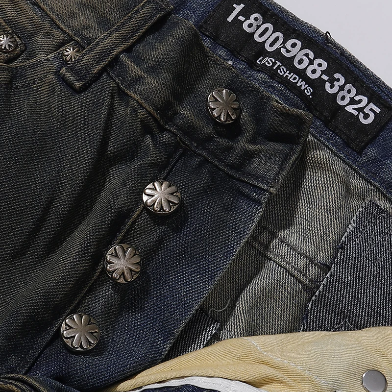 LOST SHADOWS JEANS New American Retro Do Old Wash Hole กางเกงยีนส์ทรงหลวมตรงปักดอกไม้โลโก้ผู้ชายสตรีทแวร์