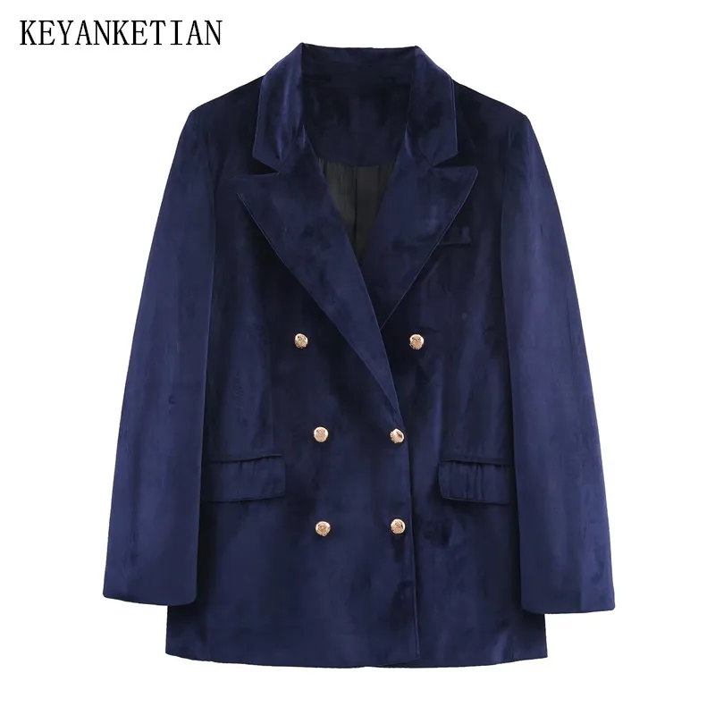 KEYANKETIAN 2026 Spring New Women's Navy Blue Velvet Blazer Double Breasted Gold Button Elegant Office Flap Pockets Suit Jacket