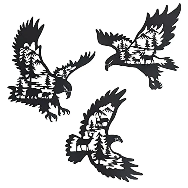 

BYBS-Set Of 3 Forest Lodge Hunting Decor Bald Eagle Wall Decor With Bear Deer Silhouette Pattern