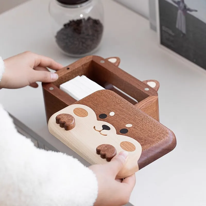 Cute Little Shiba Inu Solid Wood Tissue Box Bathroom Washcloth Kitchen Tissue Storage Box Living Room Creative Wooden Paper Box