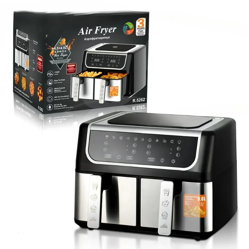 Double Ball Double Pot Air Fryer 9L Large Capacity Multifunctional Smart Touch Screen