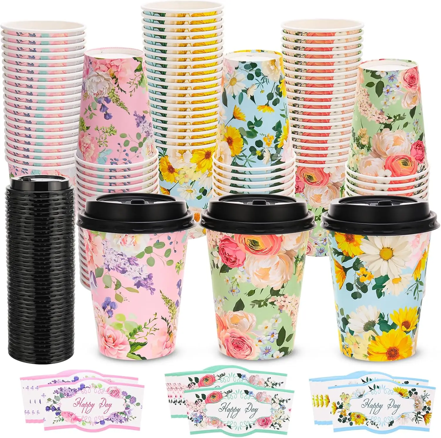 

60 Pack 12oz Floral Disposable Coffee Cups with Lids and Sleeves Flower To Go Coffee Paper Cups for Tea Party Birthday W
