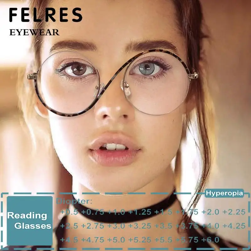 Asymmetrical Anti Blue Light Reading Glasses For Women Round Half Frame Glasses Prescription Presbyopic Glasses FELRES