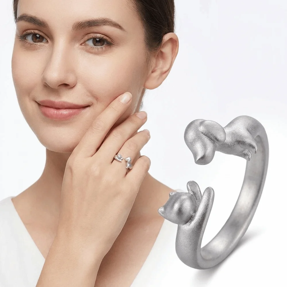 Silver Color Cat Dog Hug Rings Alloy Material Fine Polished Workmanship Open Adjustable Ring Compact Lovely Outline Stable Shape