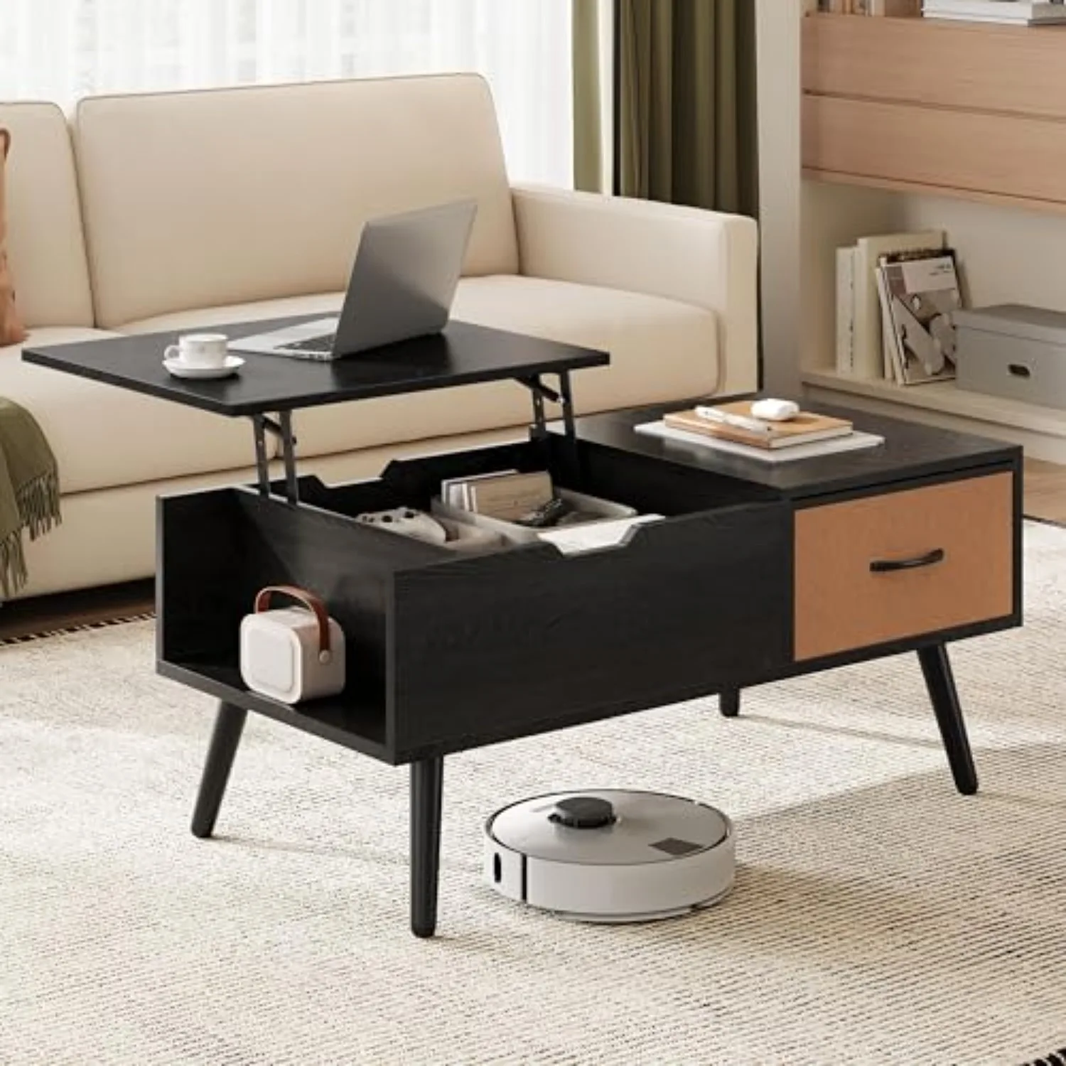 Lift Top Coffee Table for Living Room, Wooden Small Center Tables with Large Storage Shelf Drawer and Hidden