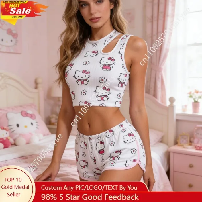 

Hello Kitty Face Sleepwear Women's Short Pants Home Outfit Two-Piece Set Pajamas Home Set