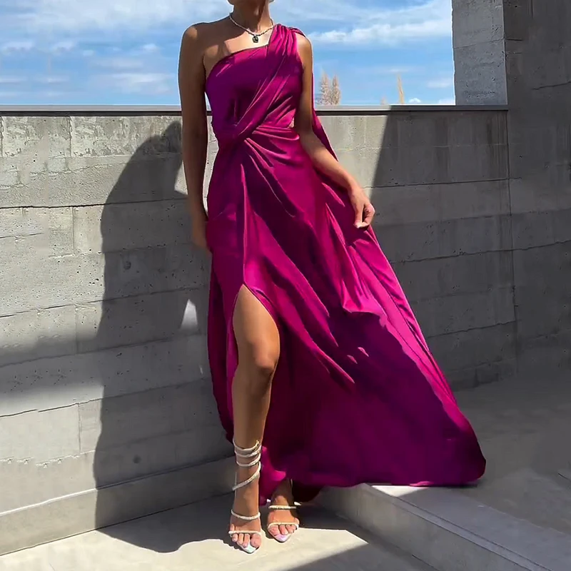 Ellafads Maxi Dress Women Summer Elegant Solid One Shoulder Hollow Out Nipped Waist Pleated Slit Irregular Long Dress Streetwear