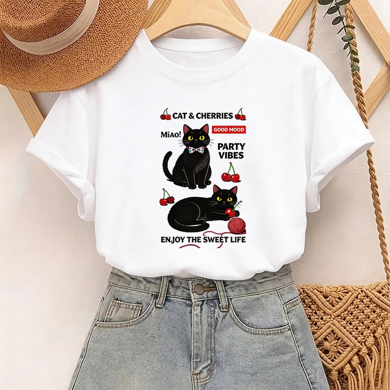 Lustiges Damen-T-Shirt mit Katzen-, Kaffee- und Kirsch-Print, lässiges Grafik-T-Shirt, Oberteil für Damen, Rundhalsausschnitt, Kurzarm-T-Shirt, Kleidung