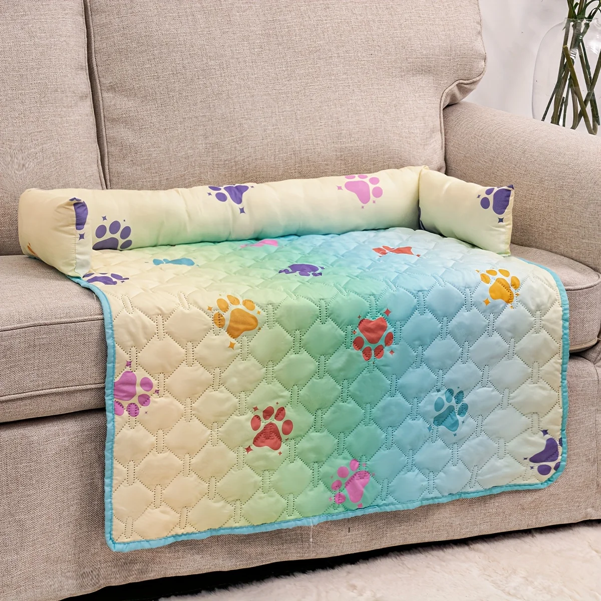 Reversible Rainbow Check Pet Bed with Pillow, Waterproof Anti-Slip Washable Mat, Soft Quilted Crate Pad for Dogs & Cats.
