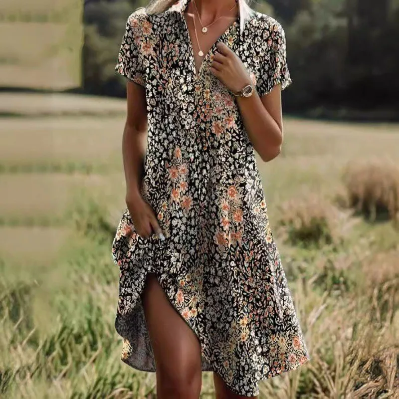 New Summer Women\'s Sexy V-neck Short-sleeved Midi Dress 2024 Fashionable Bohemian Retro Printed Casual Loose Dresses For Women